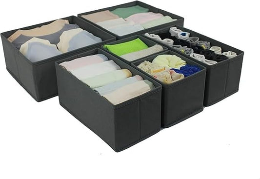 Cloth Drawer Storage Organizer Boxes for Socks, Underwear and Baby Items, Set of 6, Gray