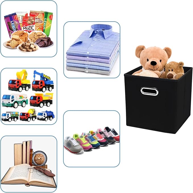 Black Fabric Cubby Storage Bins,13x13x13 Inches ,Cube Organizer Bin Foldable Storage Boxes with Dual Handles Fabric Organizer Box and collapsible Storage basket,Set of 3 ,Black
