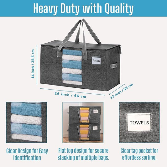 2 Pack Moving Bags, Comforter and Blanket Storage Bags for Closet, Moving Boxes, Boxes with Lids Alternative, College Dorm Packing Supplies, Foldable Heavy-Duty Tote with Window (Gray, 2 Pack)