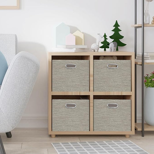Closet Storage Bins, 4 Pack Large Closet Shelf Organizers, Linen Fabric Decorative Storage Baskets for Organizing, Foldable Storage Box for Clothes, Toy, 16.5x12x10.25 Inch-Coffee