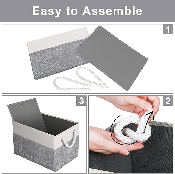 Storage Bins [3-Pack], Foldable Storage Baskets for Organizing Toys, Books, Shelves, Closet, Large Storage Box with Rope Handles, Sturdy Organizer Bins, White & Grey