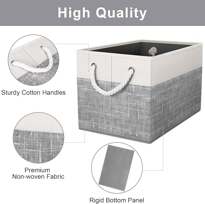 Storage Bins [3-Pack], Foldable Storage Baskets for Organizing Toys, Books, Shelves, Closet, Large Storage Box with Rope Handles, Sturdy Organizer Bins, White & Grey