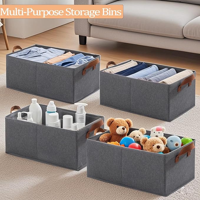 4 Pack Storage Bins, Foldable Storage Baskets for Shelves, Large Fabric Closet Organizers with Handles for Clothing, Toys, Books, Shelves