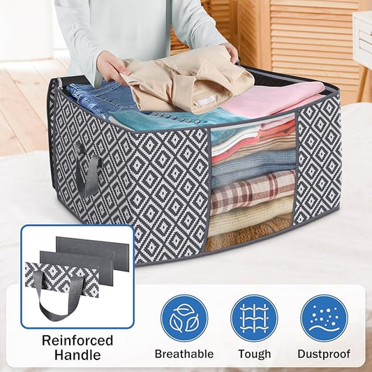 3 Pack, Storage Containers, Large Clothes Storage Bins Foldable Organization and Storage Bags with Reinforced Handle, Clear Window for Bedding, Blankets, Clothing, Grey