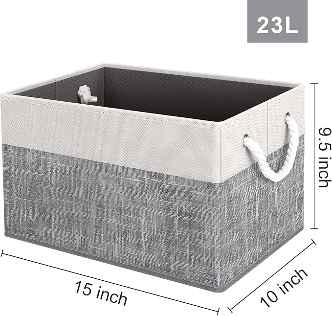 Storage Bins [3-Pack], Foldable Storage Baskets for Organizing Toys, Books, Shelves, Closet, Large Storage Box with Rope Handles, Sturdy Organizer Bins, White & Grey