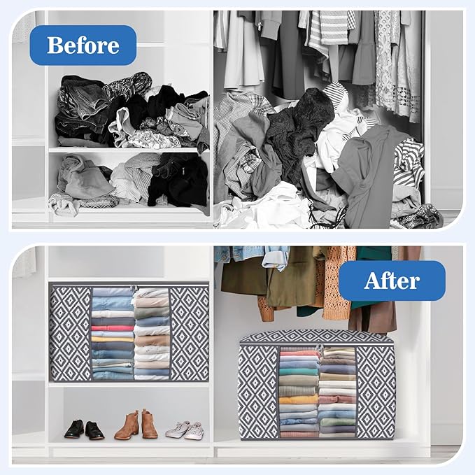 3 Pack, Storage Containers, Large Clothes Storage Bins Foldable Organization and Storage Bags with Reinforced Handle, Clear Window for Bedding, Blankets, Clothing, Grey
